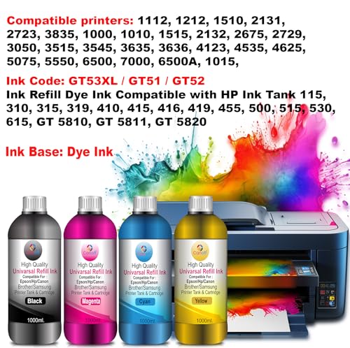 Image of CANOFF Refill Ink Compatibale for H-P Desk Jet 1210 1211 1212 1213 2330 2331 2332 2333 2720 Ink Bottle & Use for Ink Code: GT53Xl /GT51 /GT52 Dye Bassed Ink 1000ml Eche Bottle (UV) Black 2pc.