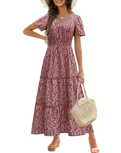 Zattcas Summer Maxi Dresses for Women 2025 Short Flutter Sleeve V Neck Smocked Waist Tiered Flowy Modest Boho Casual Long Floral Dress with Pockets Redfloral XL