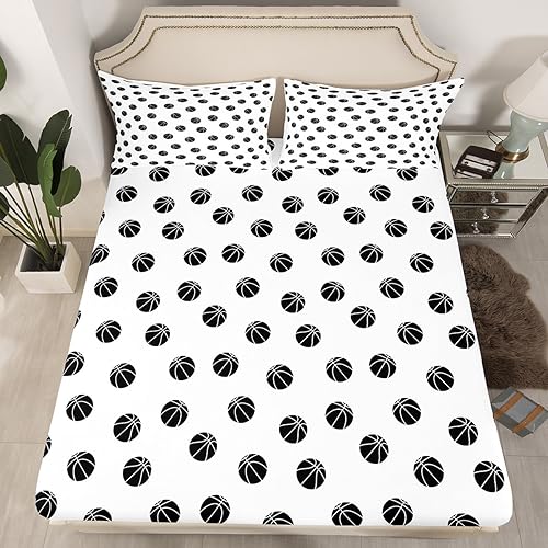 Manfei Basketball Kids Sheet Queen Size,Ball Sports Games Bedding Set,Girls Boys Adults Room Decor,Ball Simple Style Fashion Black White Chic Bed Sheet Set 4pcs(Fitted + Flat + 2 Pillowcases)