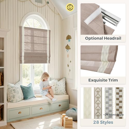 Image of TWOPAGES Liz No Drill Cordless Roman Shades Linen Textured Roman Blinds for Windows, Custom Made Room Darkening Blackout Roman Window Shades, Hardware Included, Tapioca, 1 Piece