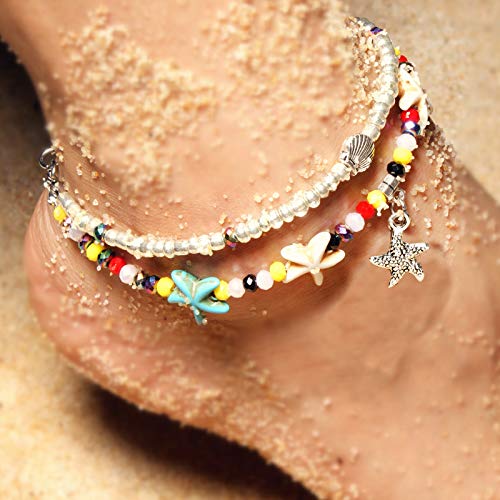 Image of Softones Blue Starfish Turtle Anklet Multilayer Charm Beads Sea Handmade Boho Anklet Foot Jewelry for Women