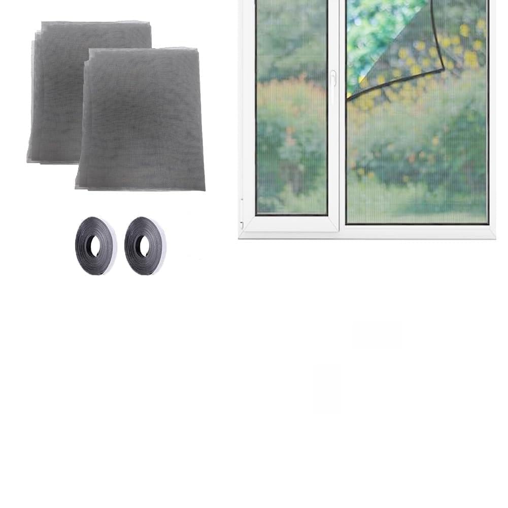 Fly Screens for Windows Doors Replacement, Durable Polyester Window Screen Mesh, 2 Packs Self-Adhesive Insect Mesh, DIY Cut to Size Bug Mosquito Net (2Pcs-100x130cm/39x51in,Grey)