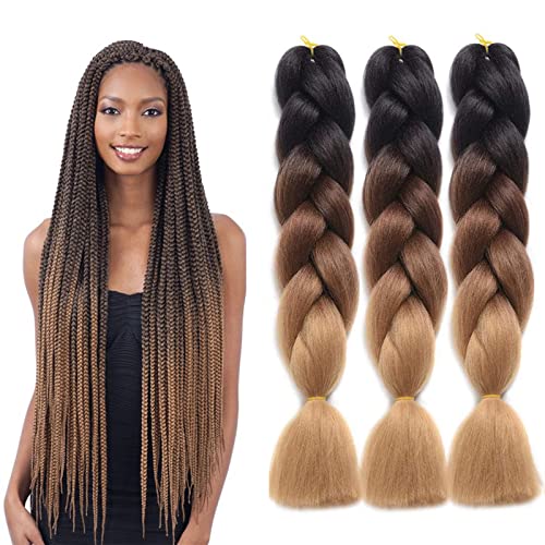 Kanekalon Braiding Hair 3Pcs Ombre Jumbo Braids Hair Extensions Afrikaanse Vlecht Haarextensies 24 inch doos Synthetische Crochet Box Braids Voor Dames（Zwart-Bruin-Lichtbruin）