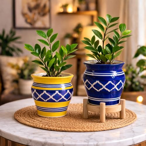 Image of Niyara Ceramic Planter Pots, Blue & Yellow Decorative Flower Pots for Indoor Plants, Home Decor, Office Desk, Balcony & Garden (Set of 2)