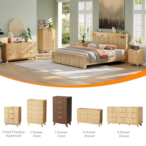 Image of VINGLI Fluted 9 Drawer Dresser for Bedroom, Wood Dresser with Rounded Edges, 57 inch Long Dressers Oak, Natural Wood Color, 57 inch W*15.75 inch D*29.92 inch H
