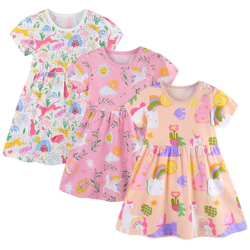 BeiVSlley Toddler Girls Dresses 3-Pack | Cotton Short Sleeve Summer Dress with Twirl Skirt | Cute Cartoon Sundress 2-7T