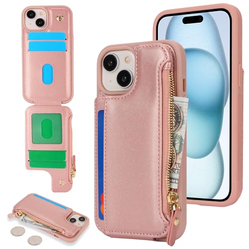 Étui portefeuille iPhone 15 Plus en cuir rose gold aux finitions haut de gamme