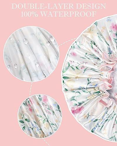 Aquior Shower Cap for Women, Reusable Shower Caps Double Layer Waterproof Womens Girls Adult Hair Cap for all Hair Lengths with EVA Lining, Soft Shower Caps for Long Thick Hair