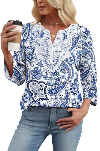 Image of WIHOLL 3 /4 Length Sleeve Womens Tops Boho V Neck Lace Shirt Trendy Blouses Dressy Casual Vacation Clothes S-3XL