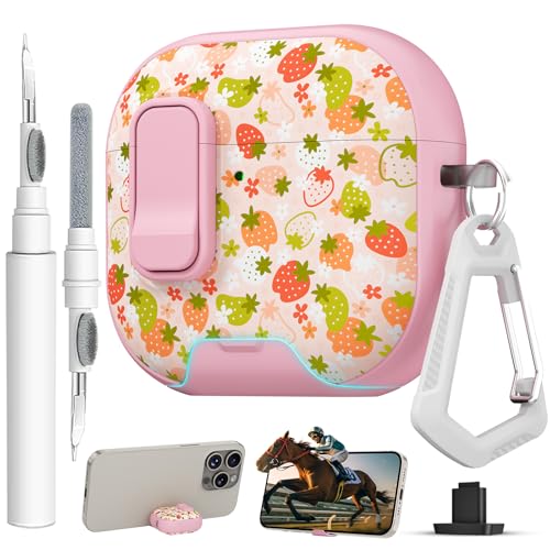 Image of for AirPods 4 Case with Safty Lock & Phone Stand,Cute Floral Pattern Style | PC & TPU Dual Layer Protective Cover with Keychain & Cleaner Pen for Apple AirPod 4th Generation 2024 Women (Strawberry)