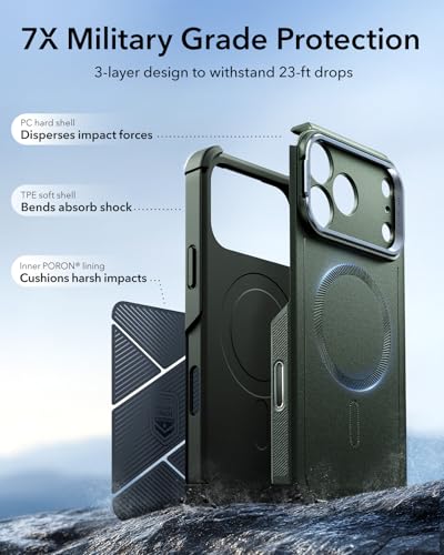 Image of ESR for iPhone 17 Pro Max Phone Case with Stand, 23ft Military-Grade Drop Protection with Camera Control, Shock-Absorbing Rugged Cover, Compatible with MagSafe Accessories, Cyber Series, Green