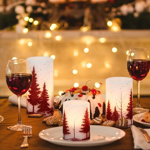 Image of KunSween Red Christmas Tree Flameless Candles with 6H Timer, 3 Pack LED Flameless Candles Battery Operated Real Wax, Christmas Candle for Winter Holiday Decorations for Home(D3 x H4 5 inch 6 inch)