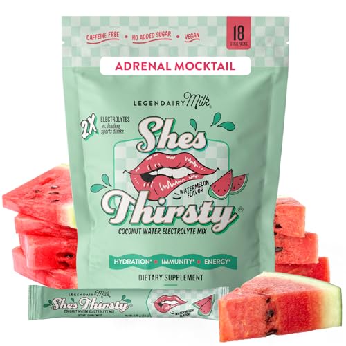 Image of Legendairy Milk She’s Thirsty Hydration Packets | Cortisol Supplement for Stress Relief & Adrenal Support | Coconut Water Electrolytes Powder, Watermelon, No Sugar Added 18 ct