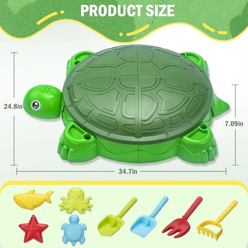 Image of Turtle Sandbox with Lid & Beach Toys Set, 38 inch Kids Sandbox for Toddlers 3-8, Indoor Outdoor Sensory Play Sand Box with Cover, Summer Gift for Ages 3-8