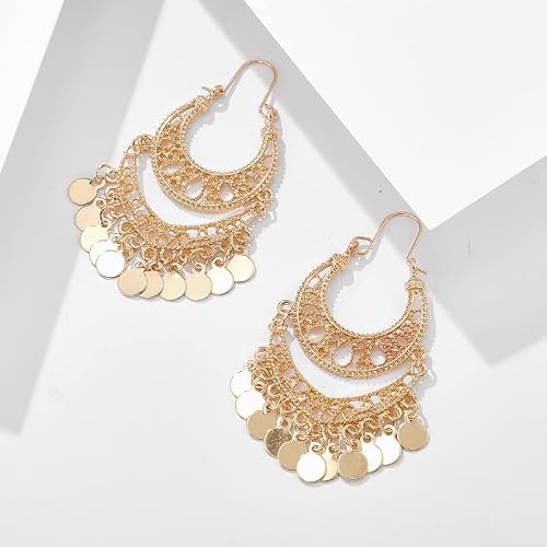 Bohemian Chandelier Tassel Sequins Dangle Drop Earrings Gold Filigree Earrings Coin Disc Hoop Earrings For Women Girls Statement Jewelry-Long #TOP3