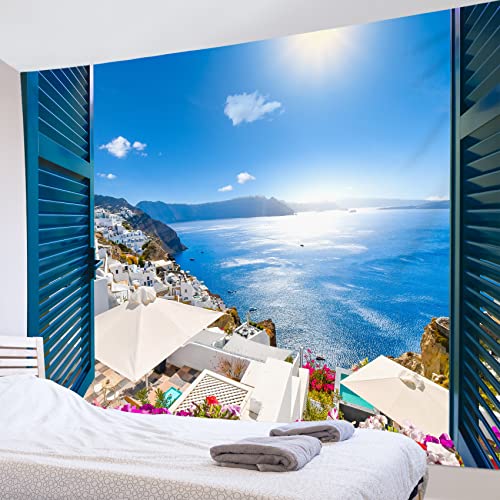 LB Blue Coastal Tapestry Wall Hanging, Greek Island Landscape Wall Tapestry, Colorful Flower Nautical Living Room Decor - Image 2