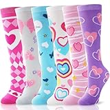 ANTSANG Kids Girls Knee High Socks Fashion Funny Crazy Stockings Gift Cute Novelty Long Boot Cotton Socks for Child 6 Pairs(Pink Heart,3-12 Years)