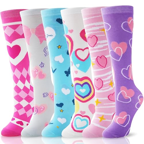 ANTSANG Kids Girls Knee High Socks Fashion Funny Crazy Stockings Gift Cute Novelty Long Boot Cotton Socks for Child 6 Pairs(Pink Heart,3-12 Years)