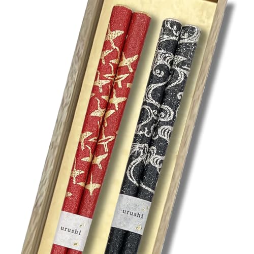 橋本幸作漆器店 黒赤2膳セット 輪島うるし箸 乾漆仕上げ 桐箱入り 22.5cm 日本製 滑りにくい 夫婦箸 お揃い ペア (黒:銀の波, 赤:千羽鶴)