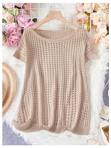 Image of Milumia Women's Crochet Short Sleeve Sweater Hollow Cap Sleeve Pullover Knit Top Khaki Medium