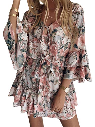 Onsoyours Casual Boho Vestido para Mujer Cuello En V Manga Larga Verano Bohemio Vestido Línea A Túnica Floral Color Sólido Playa Mini Vestidos D Verde XXL
