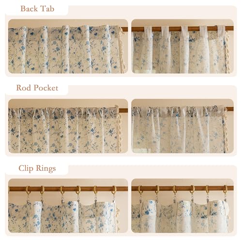 Image of MYSKY HOME Blue Floral Semi Sheer Boho Linen Curtains 63 Inch Length 2 Panels for Living Room Bedroom Light Filtering Spring Vintage Farmhouse French Tassels Back Tab Drapes, 50 inch Wide, 2 Panels