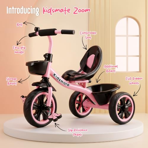 Image of Kidsmate Zoom Trike Cycle for Kids 2-5 Years | Tricycle for Kids | Tricycle for Boys & Girls | Baby Cycle with Anti-Skid EVA Wheels, Bell, Front & Rear Basket, Comfortable Seat | 30kg Capacity - Pink