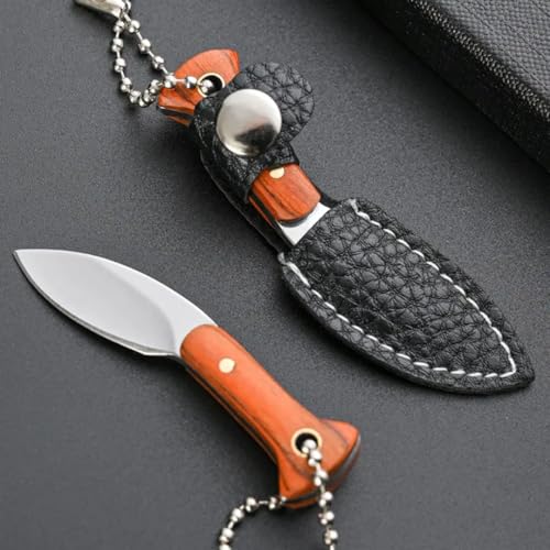 Image of Mini Knife Keychain, Real Damascus Style Tiny Chef Knives with Wooden Handle, Pocket Cleaver, EDC Miniature Weapon Keychains for Gifting, Decoration & Collectors