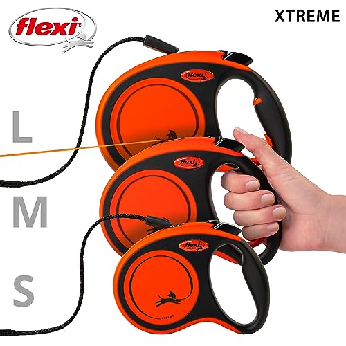 Flexi Xtreme L - Extra robuste einziehbare Leine mit 7,9 m extra starkem Band | Schutzgürtel mit reflektierenden Komponenten | Griffverstellung | Orange/Schwarz