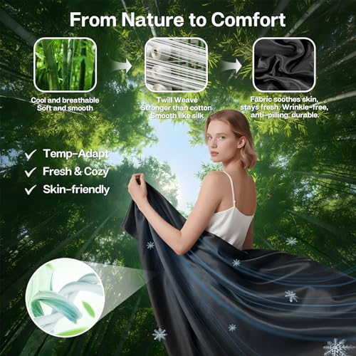 MR&HM King Size Sheets Set, 4-Piece Cooling Sheets, Rayon Derived from Bamboo & Polyester Blend, Soft & Silky, 15" Deep Pockets with Elastic Straps, Hotel Luxury for Hot Sleepers, Black