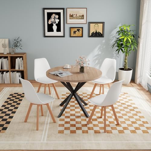 JZGORC Mesa de Comedor con 4 Sillas, Juego de Comedor, Mesa de Comedor Redonda de Madera de 100 * 100 * 75 cm, 4 Sillas con Respaldo Alto, Patas de Madera de Haya, (Marrón Claro + Blanco)