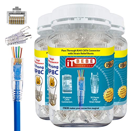 ITBEBE 150/150 RJ45 Cat6 Pass Through Connectors for 24 AWG Cables - 150 Cat6 Passthrough Connector Ends and 150 RJ45 Connectors Clear Strain Relief Boots for Clean, snag-Free Ethernet Patch Cord ITBEBE 150/150 RJ45 Cat6 Pass Through Connectors for 24 AWG Cables - 150 Cat6 Passthrough Connector Ends and 150 RJ45 Connectors Clear Strain Relief Boots for Clean, snag-Free Ethernet Patch Cord