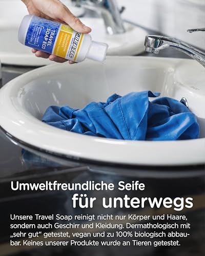 FIBERTEC Travel Soap Eco 250ml - 3-in-1 Reise-Seife flüssig, Körperpflege, Waschmittel & Geschirrspülmittel in einer Universal-Lösung, Biologisch abbaubar, Made in Germany