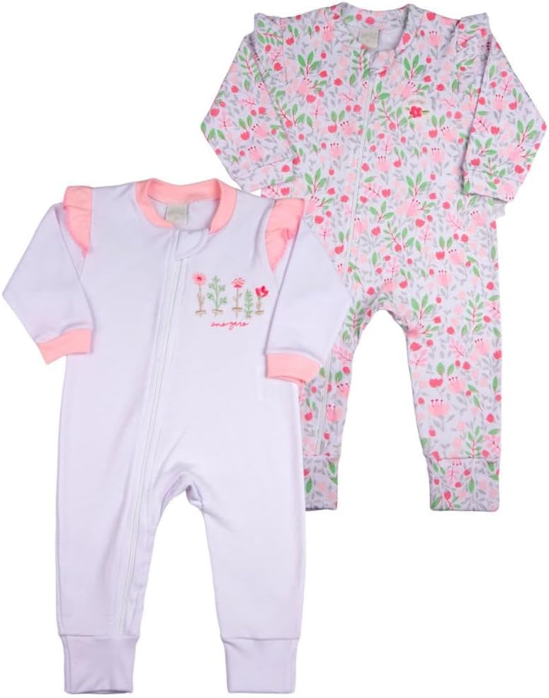 Macacao Bebe Suedine Ziper Menina Estampado e Liso Kit Macacão Suedine Algodao Floral 2 Pecas – Branco