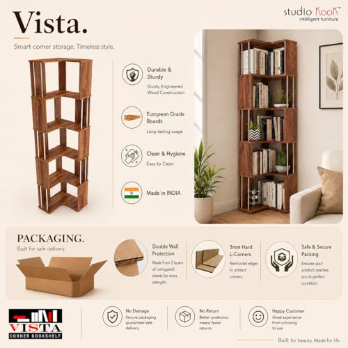 Image of Studio Kook Vista Engineered Wood Corner Bookshelf | Bookcase (Matte Finish) (Amber Walnut)