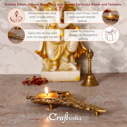 Image of eCraftIndia Golden Ethnic Carved Brass Diya with Handle for Pooja Room and Temples- Diwali Decoration Items for Home Decor- Gift for Diwali Housewarming