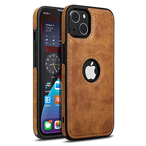 Hemduty Logo Visible Compatible with iPhone 13 Case Luxury Vegan Leather Ultra Slim Business Cover 2021 6.1 Inch (Brown)