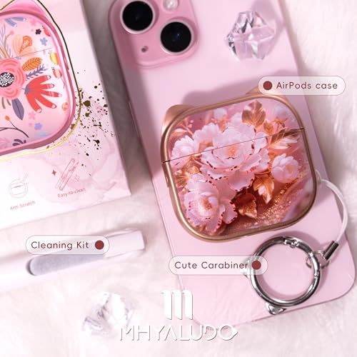 Image of for AirPods 4 Case with Cleaning Kit, Cute Cat Ear Print Design & Cute Buckle, Inverted Phone Holder Design, Top Safe Lock Buckle Design, for Girls AirPods 4 case 2024, Rose Gold Peony