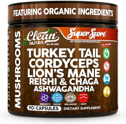 Organic Turkey Tail Mushroom Supplement Capsules | Lions Mane Cordyceps Reishi Chaga + Ashwagandha Stress Relief Nootropic Immunity Adaptogens Mood Support 90 Vegan Capsules by Clean Nutra