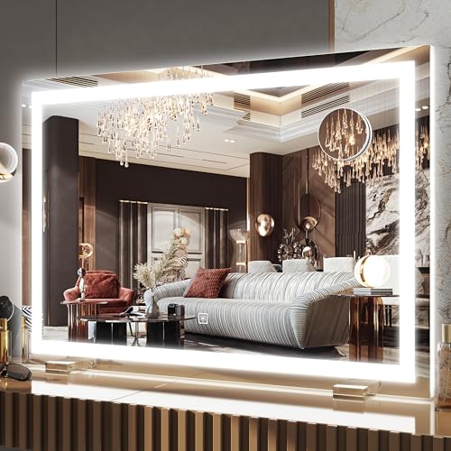 FENNIO Makeup Mirror with Lights 23"x32" ,LED Makeup Mirror ,Large Vanity Mirror with Lights,Touch Sensor with Dimmable 3 Modes, Square White