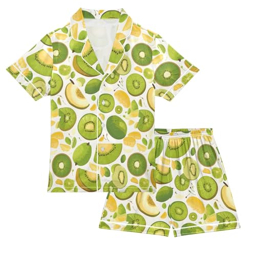 ALAZA Green Kiwi Fruit Leaf Satin Pajamas Set Short Sleeve Button Down Sleepwear Summer Pjs 2 Piece