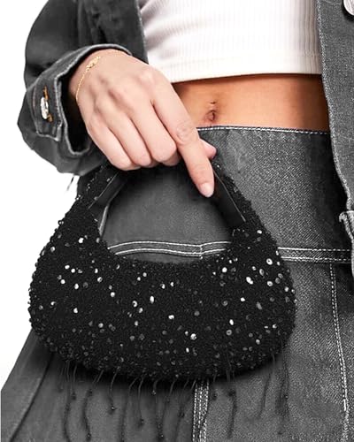 Image of NEWBELLA Women's Sequin Fringe Hobo Evening Bag - Sparkly Shoulder Purse for Cocktail Party, Date Night, Wedding & Special Occasions(Dark Black)
