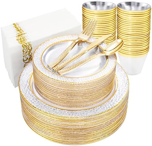 PULOTE 350PCS Clear Gold Plates & Clear Gold Plastic Plates - Include 50 Dinner Plates, 50 Salad Plates, 50 Knives, 50 Forks, 50 Spoons, 50 Cups, 50 Napkins, Ideal for Wedding&Party