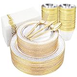 PULOTE 350PCS Clear Gold Plates & Clear Gold Plastic Plates - Include 50 Dinner Plates, 50 Salad Pla