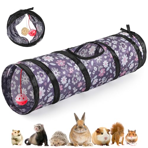 Pawaboo Small Pet Straight Tunnel, 23.6in Guinea Pig Tunnels and Hamster Tubes, Collapsible Small Animal Hideout with Interactive Bell and Balls, for Hamsters Guinea Pigs Rabbits Ferrets Chicks,Flower