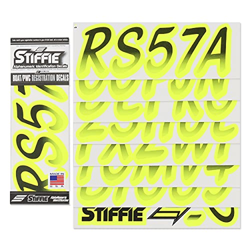 Image of STIFFIE Whipline Black /Day Glow Yellow 3 inch Boat & PWC Registration Decals • Numbers Letters Stickers