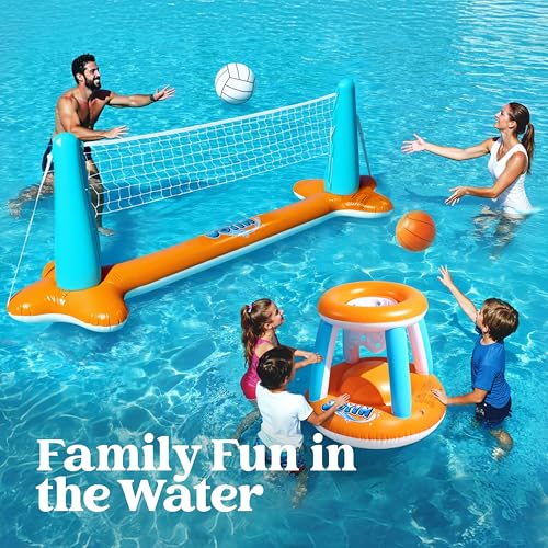 Image of JOYIN XL Inflatable Pool Float Set, 125'' Volleyball Net & Basketball Hoops, Extra Large Floating Swimming Game Toy for Kids and Adults, Summer Floaties, Volleyball Court|Basketball, XL-Orange