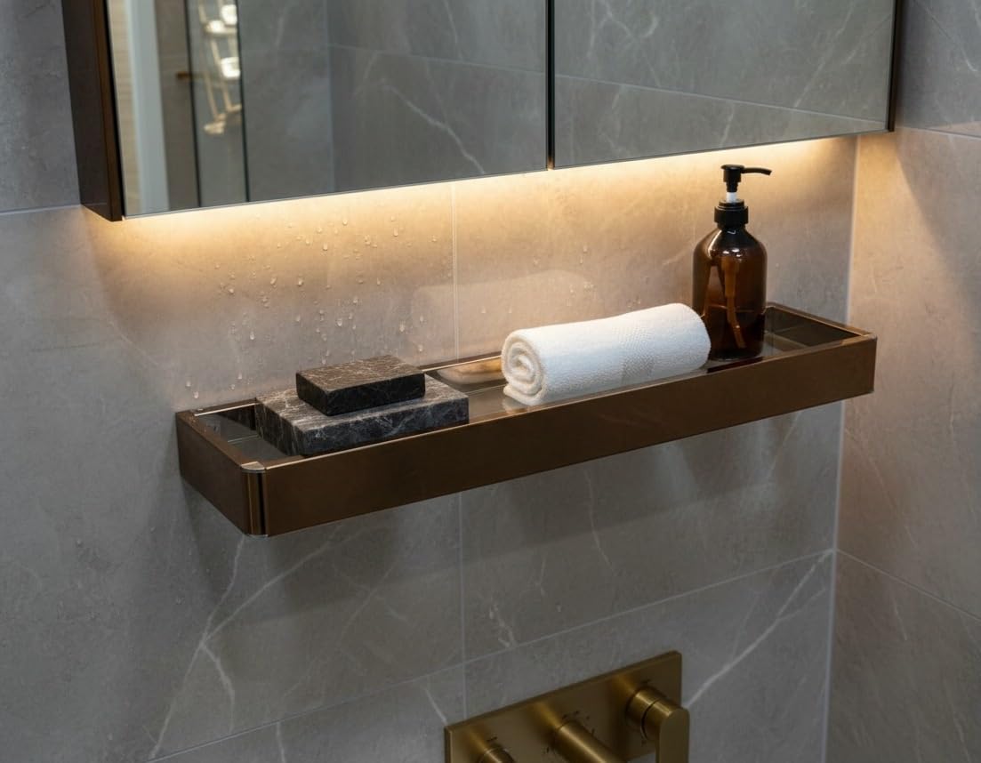 Copper Rose/Gold Toughened Glass Wall Shelf 18x6 Inch | Stainless Steel Rustproof Bathroom & Kitchen Storage Organizer