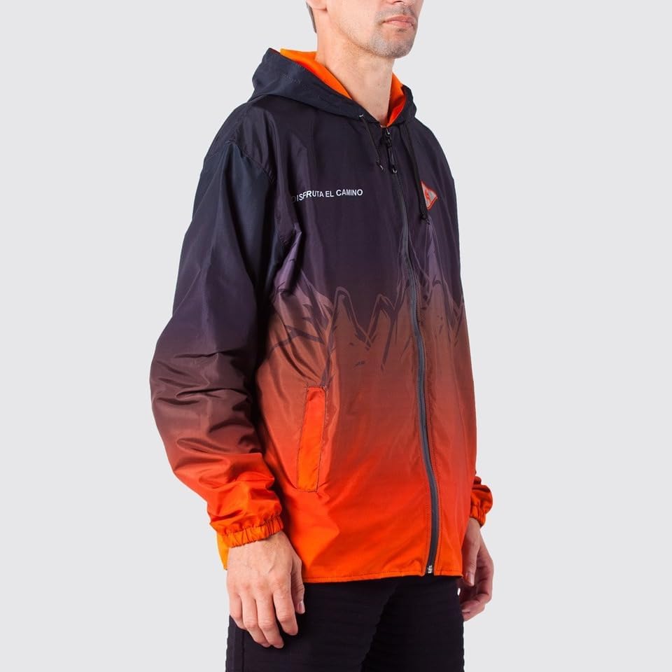 LEGENDARIOS Worldwide Jacket – Black & Orange Gradient Windbreaker, Hooded Lightweight Outdoor Coat
