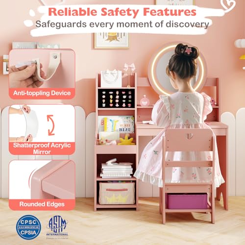 Image of HONEY JOY Kids Vanity with Lights, Wooden Princess Makeup Dressing Vanity Desk with Jewelry Storage, Open Shelves, 2 in 1 Toddler Vanity Table & Chair Set with Lighted Mirror for Little Girls(Pink)